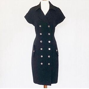 Calvin Klein Size 10 Career Dress Gold Buttons Double Breasted Military Black